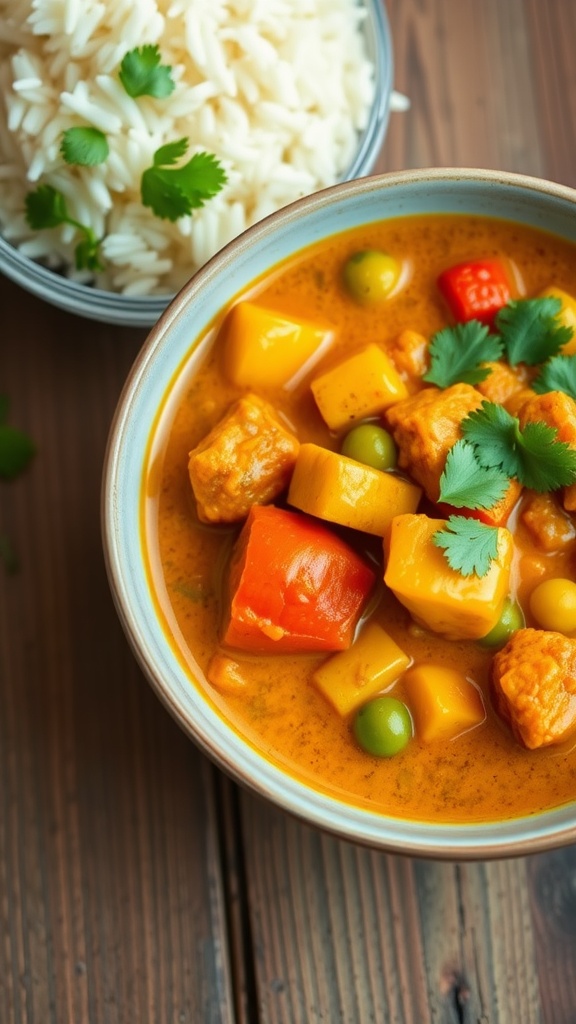 A vibrant bowl of vegan Indian curry with chickpeas and mixed vegetables, garnished with cilantro, served with rice.